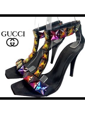 Gucci PINK & PURPLE IRIDESCENT JEWELED BLACK STRAPPY HEELED SANDAL Sz 6 rainbow